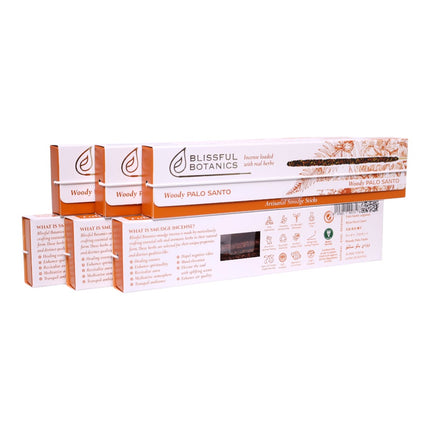 Blissful Botanics Pack de 6 cajas de 8 palitos de Incienso Woody Palo Santo, Varillas Aromáticas Artesanales con Hierbas Reales, Aroma Palo Santo Amaderado, Smudge Sticks de Larga Duración para Hogar