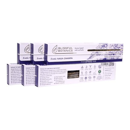 Blissful Botanics Pack de 6 cajas de 8 palitos de Incienso Exotic Naga Champa, Varillas Aromáticas Artesanales con Hierbas Reales, Aroma Naga Champa Exótico, Smudge Sticks de Larga Duración para Hogar