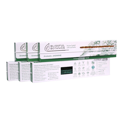 Blissful Botanics Pack de 6 cajas de 8 palitos de Incienso Aromatic Jasmine, Varillas Aromáticas Artesanales con Hierbas Reales, Aroma Jazmín, Smudge Sticks de Larga Duración para Hogar