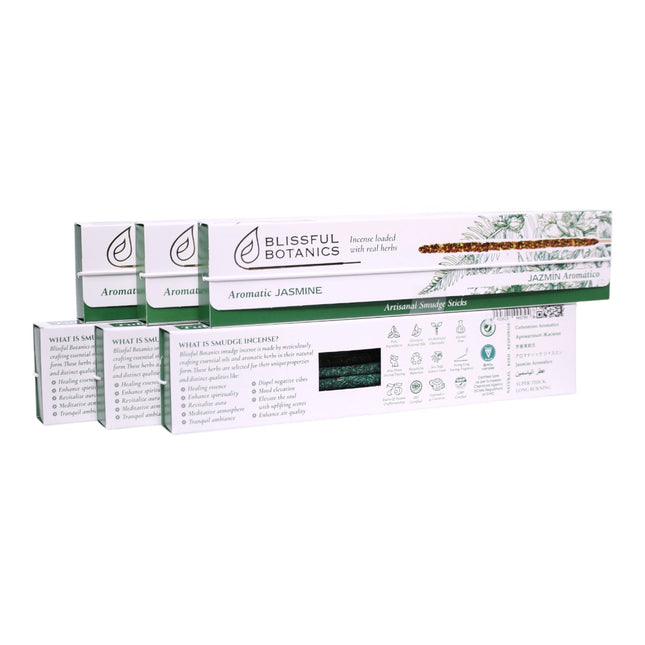 Blissful Botanics Pack de 6 cajas de 8 palitos de Incienso Aromatic Jasmine, Varillas Aromáticas Artesanales con Hierbas Reales, Aroma Jazmín, Smudge Sticks de Larga Duración para Hogar