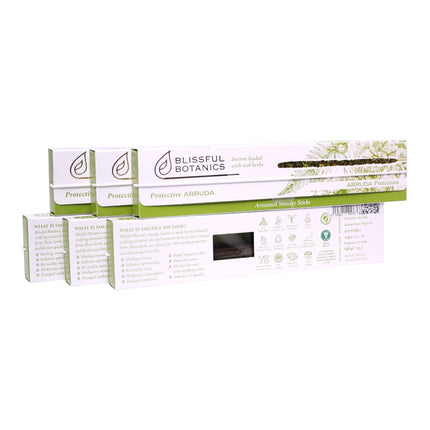 Blissful Botanics Pack de 6 cajas de 8 palitos de Incienso Protective Arruda, Varillas Aromáticas Artesanales con Hierbas Reales, Aroma Arruda/Ruda, Smudge Sticks de Larga Duración para Hogar