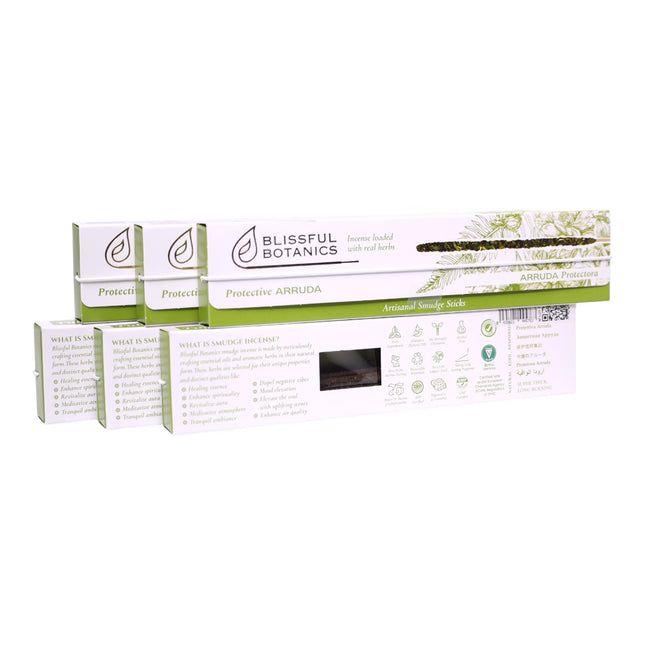 Blissful Botanics Pack de 6 cajas de 8 palitos de Incienso Protective Arruda, Varillas Aromáticas Artesanales con Hierbas Reales, Aroma Arruda/Ruda, Smudge Sticks de Larga Duración para Hogar