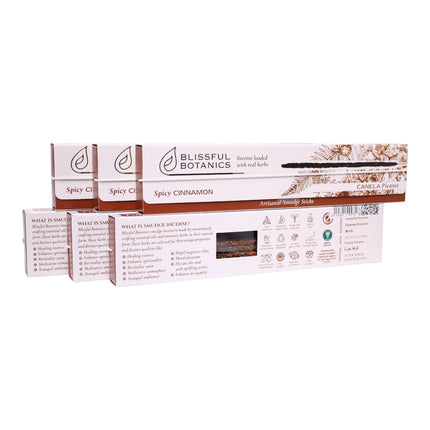 Blissful Botanics Pack de 6 cajas de 8 palitos de Incienso Spicy Cinnamon, Varillas Aromáticas Artesanales con Hierbas Reales, Aroma Canela Picante, Smudge Sticks de Larga Duración para Hogar