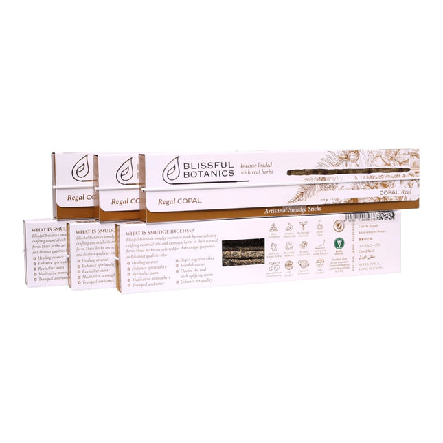 Blissful Botanics Pack de 6 cajas de 8 palitos de Incienso Regal Copal, Varillas Aromáticas Artesanales con Hierbas Reales, Aroma Copal Real, Smudge Sticks de Larga Duración para Hogar