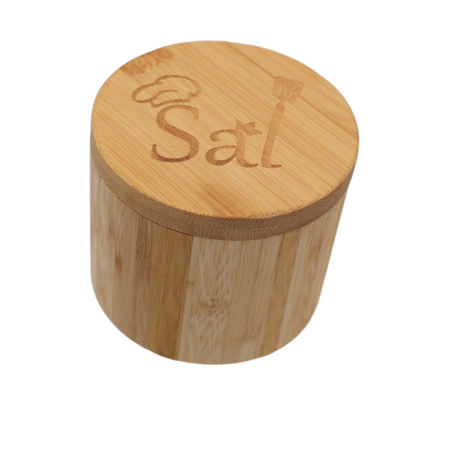 Salero de Bambú con Tapa de Apertura Lateral y Imán – Chef, Ø9.2 cm x 8 cm