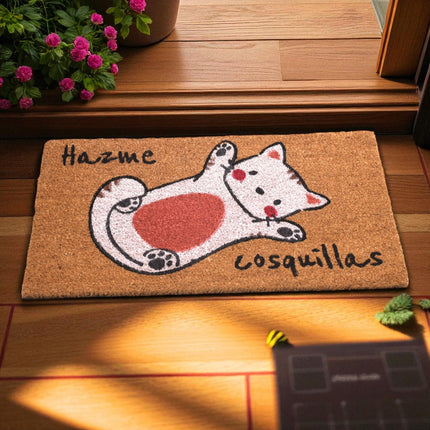 Felpudo Divertido 40x70 cm – Diseño de Gato con Frase “Hazme Cosquillas” | Fibra de Coco Natural y Base Antideslizante | Alfombra de Entrada para Exterior e Interior
