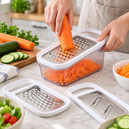 Metaltex Rap-Box Rallador con Contenedor 3 en 1, 3 Cuchillas Intercambiables de Acero Inoxidable, Rallador Queso/Grueso/Rebanador, Base Antideslizante, Blanco/Transparente