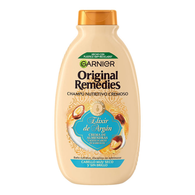 GARNIER ORIGINAL REMEDIES Champú nutritivo cremoso Elixir de Argán crema de almendras y aceite de Argán de Marruecos frasco para cabello muy seco y sin brillo 300 ml