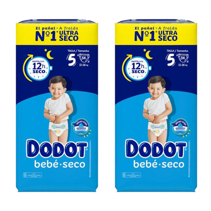 Dodot Bebé-Seco Talla 5 (11-16 kg) – 108 pañales (Pack Ahorro 2×54) | Hasta 12 h seco | Doble barrera anti-fugas y ajuste cómodo