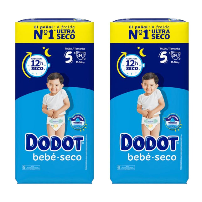Dodot Bebé-Seco Talla 5 (11-16 kg) – 108 pañales (Pack Ahorro 2×54) | Hasta 12 h seco | Doble barrera anti-fugas y ajuste cómodo