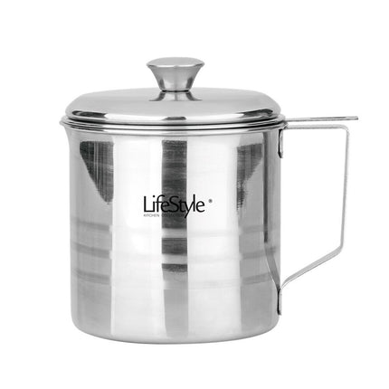 Grasera metálica de 10 cm de diámetro y 14,6 cm de altura, con filtro, asa y tapa Aceitera con colador para conservación de aceite de acero inoxidable. Recipiente para colar aceites Herramienta Ideal Para su Cocina