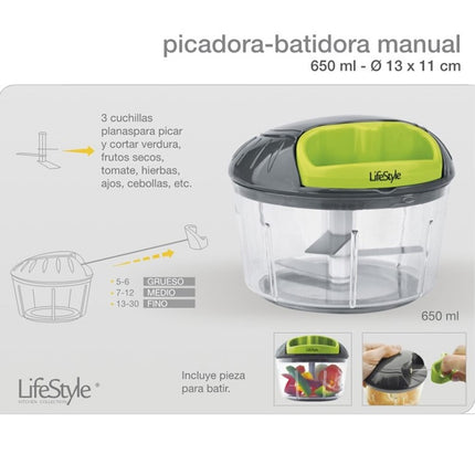 Picadora Batidora Manual 650 o 1000 ml 3 o 4 Cuchillas para Picar y Cortar Verdura Frutos Secos Tomate Hierbas Ajos Cebollas etc. Batidor para Huevos Mezclas Aliños etc