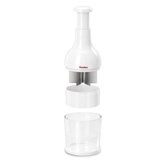 METALTEX Corta verduras ROTO-CUTTER Contenedor transparente PS, cuchillas de acero inox y cuerpo ABS color blanco Medidas: 27 cm