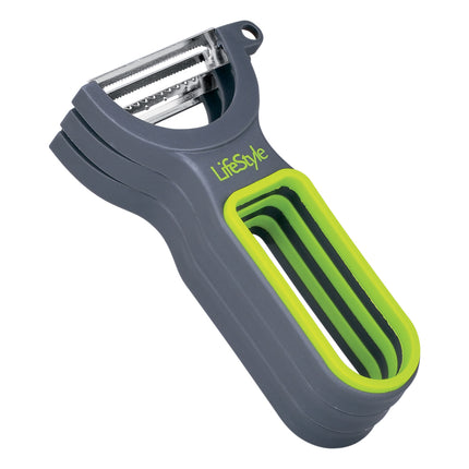 Lote 3 Peladores Verduras Juliana Tomate Pelador de Vegetales Frutas Multifunción 3 Cuchillas de Acero Inoxidable Serrado Rectas y Julienne Color Negro y Verde Herramienta ideal Para su Cocina