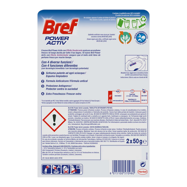 BREF Desinfectante WC Power Activ colgador Lavanda Duplo - El envase puede variar