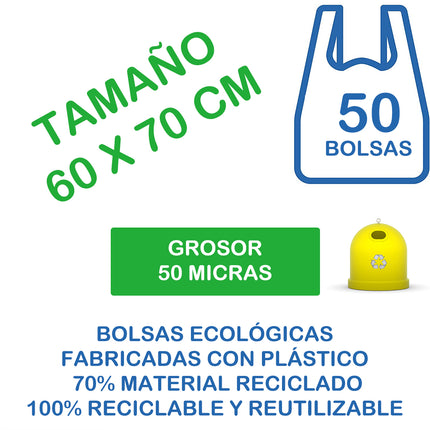 50/90/120 Bolsas Ecológicas Asa tipo Camiseta 70% Material Recicladas y 100% Reciclables
