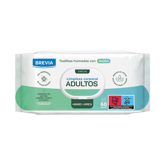 BREVIA bolsa de Toallitas Húmedas con loción limpieza Corporal Adultos Brevia 60 unidades