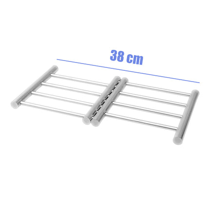 Adjustable metal trivet multi-purpose holder for kitchen table mats, retractable pads, hot pad and pot holder (steel silver) 