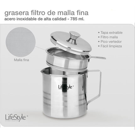 Grasera metálica de 10 cm de diámetro y 14,6 cm de altura, con filtro, asa y tapa Aceitera con colador para conservación de aceite de acero inoxidable. Recipiente para colar aceites Herramienta Ideal Para su Cocina