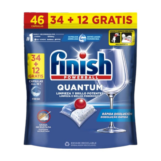 Finish Lavavajillas Powerball Quantum All in 1 Formato Especial de 46 cápsulas Lavavajillas a máquina en cápsulas elimina suciedad y grasa con aroma fresco