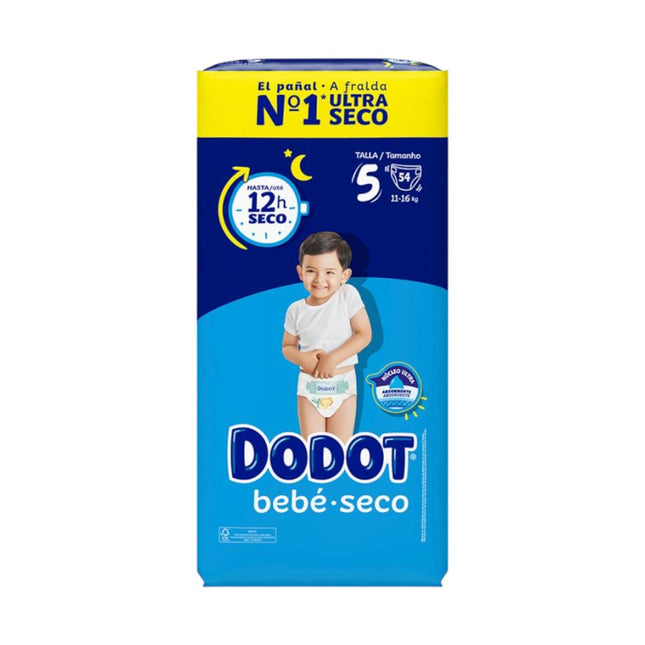 Dodot Bebé-Seco Talla 5 (11-16 kg) – 108 pañales (Pack Ahorro 2×54) | Hasta 12 h seco | Doble barrera anti-fugas y ajuste cómodo