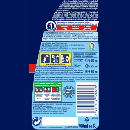 Finish All in 1 Max Power Gel Detergentes Gel para el Lavavajillas - 35 lavados 700 ml - El envase puede variar