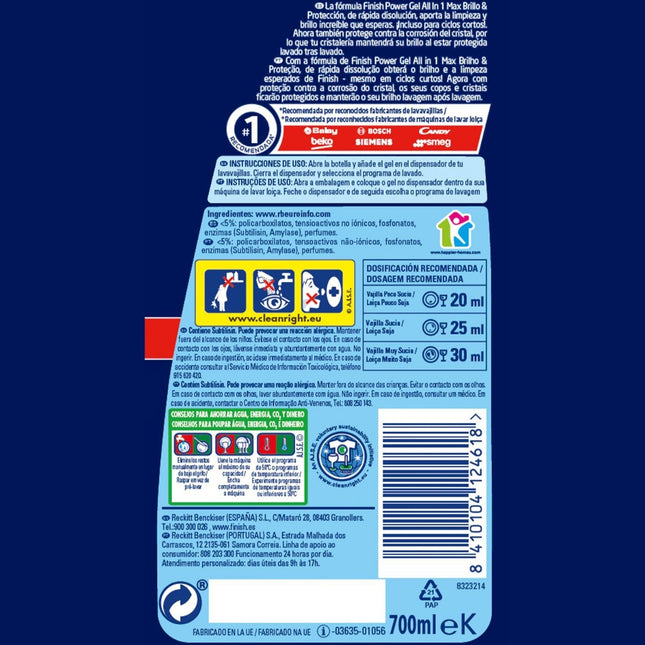 Finish All in 1 Max Power Gel Detergentes Gel para el Lavavajillas - 35 lavados 700 ml - El envase puede variar
