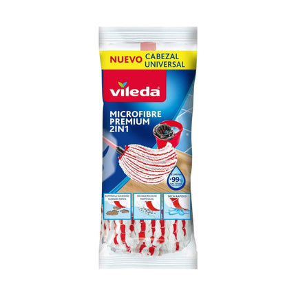 Vileda Pack de 3 Fregonas Microfibras Premium 2 en 1 Recambio para fregona, cabezal universal con microfibras y poliamida, color rojo y blanco