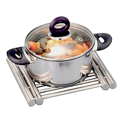 Adjustable metal trivet multi-purpose holder for kitchen table mats, retractable pads, hot pad and pot holder (steel silver) 