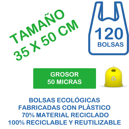 50/90/120 Bolsas Ecológicas Asa tipo Camiseta 70% Material Recicladas y 100% Reciclables