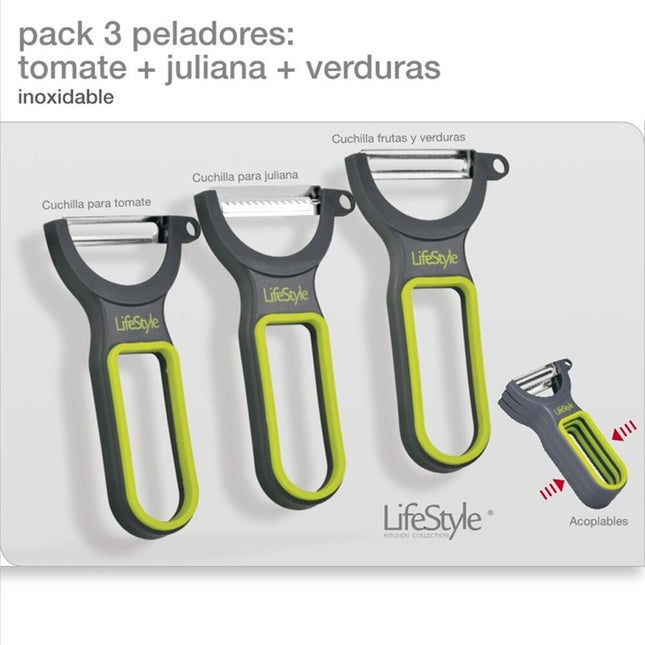 Lote 3 Peladores Verduras Juliana Tomate Pelador de Vegetales Frutas Multifunción 3 Cuchillas de Acero Inoxidable Serrado Rectas y Julienne Color Negro y Verde Herramienta ideal Para su Cocina