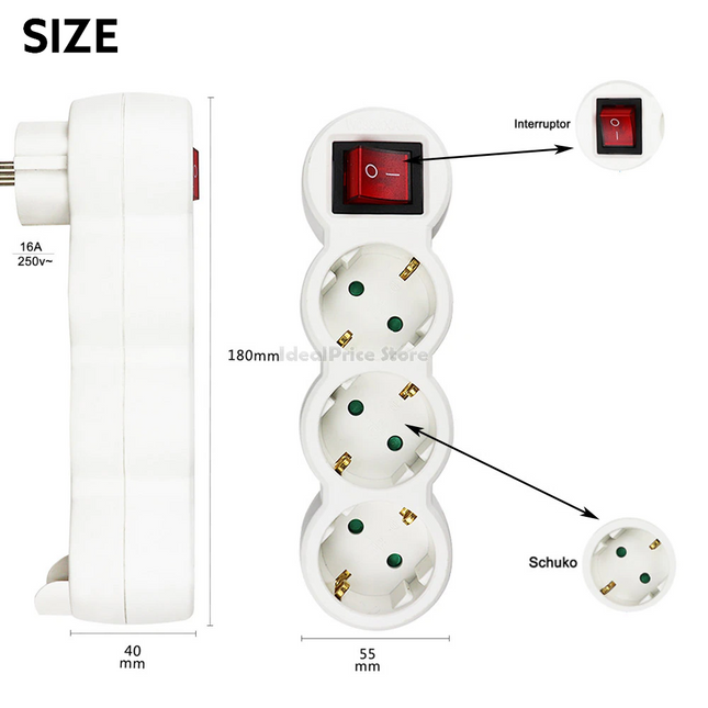 Adaptador plano con interruptor y 3 enchufes SCHUKO - Ladron enchufes de 3 tomas