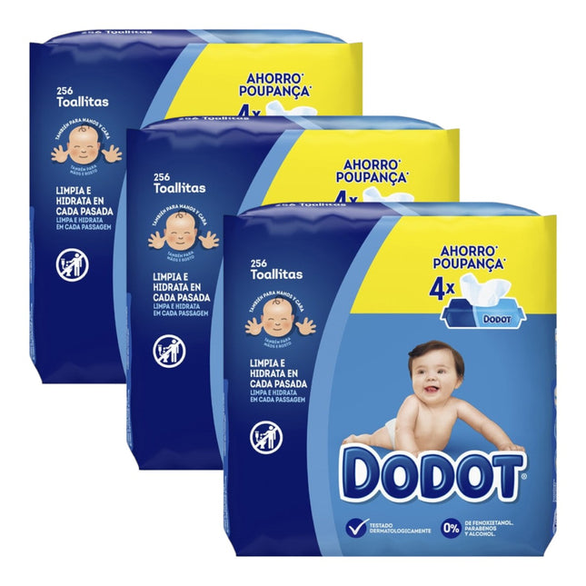 DODOT Caja 12 paquetes de 64 Toallitas Bebé Seco para Bebé con Fibras de Origen Vegetal Recupera el pH de la Piel del Bebé (768 toallitas)