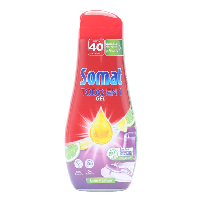 Somat Todo en 1 Limón Detergente Lavavajillas 40 Dosis, jabón lavavajillas con gran poder de limpieza para ciclos cortos, vajilla brillante 640 ml