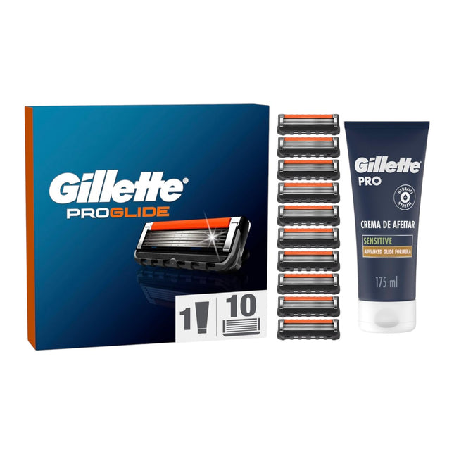 Gillette ProGlide Recambios para Hombre (10 Unidades) + Crema de Afeitar Gillette PRO Piel Sensible 175 ml – Cuchillas de Afeitar para Máquinilla Gillette, Afeitado Suave y Preciso