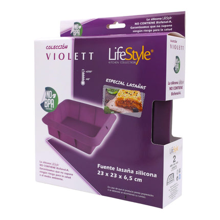 Molde de horno cuadrado de silicona morada que resiste hasta +250º C en el horno para hacer lasaña 23 x 23 x 6,5 cm