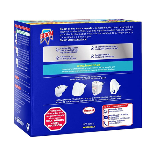 BLOOM insecticida volador eléctrico continuo antimosquitos 2 recambios 18 ml