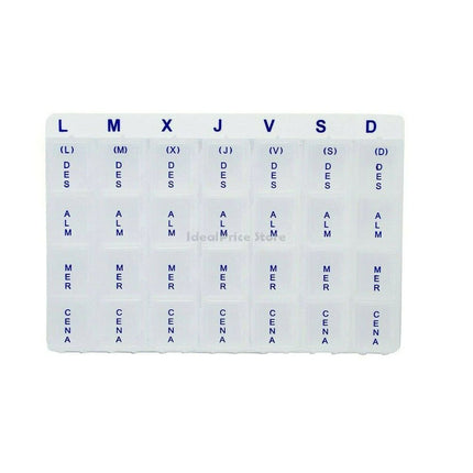 Pill box with 28 plastic compartments, 7-day weekly dispenser, Monday to Sunday, includes Braille reading system 