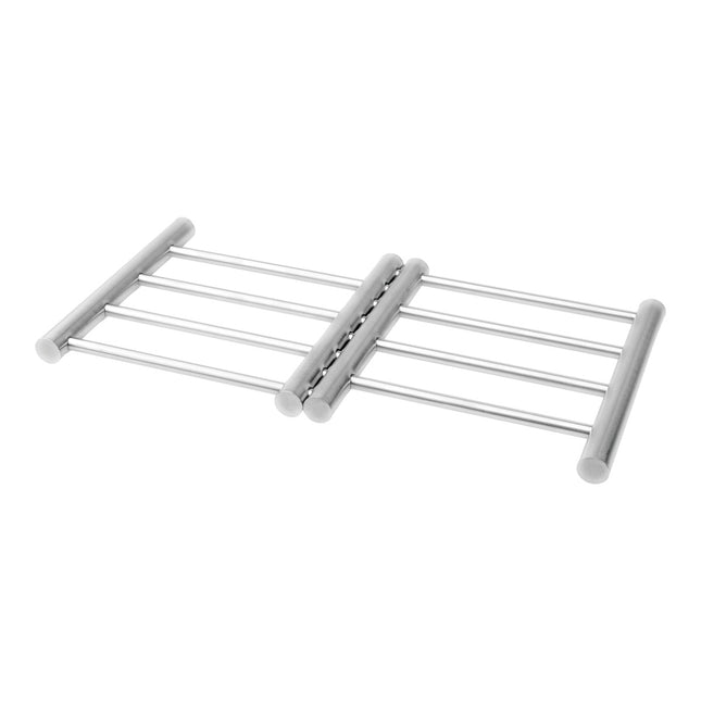 Adjustable metal trivet multi-purpose holder for kitchen table mats, retractable pads, hot pad and pot holder (steel silver) 