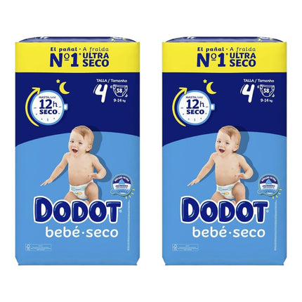 DODOT Pack de 2 Bolsas de 58 Pañales suaves antifugas y ajuste cómodo hasta 12 horas de protección de Bebé Seco Extra Jumbo Talla 4 (116 pañales en total)