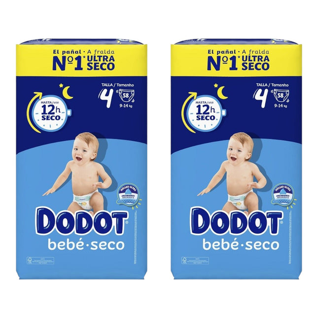 DODOT Pack de 2 Bolsas de 58 Pañales suaves antifugas y ajuste cómodo hasta 12 horas de protección de Bebé Seco Extra Jumbo Talla 4 (116 pañales en total)