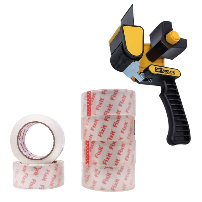 Pack de 6 Rollos de Cinta Embalar Transparente 48mm x 100m + Precintadora - Perfecto para Cajas y Paquetes