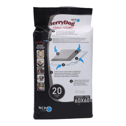 Jerry Dog Bag of 20 Absorbent Pads with Activated Carbon for Animals Dogs and Cats 60 x 60cm With Super Absorbent Polymers Disposable Hygienic Training Mat Traps Bad Odors 