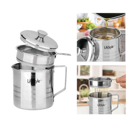 Grasera metálica de 10 cm de diámetro y 14,6 cm de altura, con filtro, asa y tapa Aceitera con colador para conservación de aceite de acero inoxidable. Recipiente para colar aceites Herramienta Ideal Para su Cocina