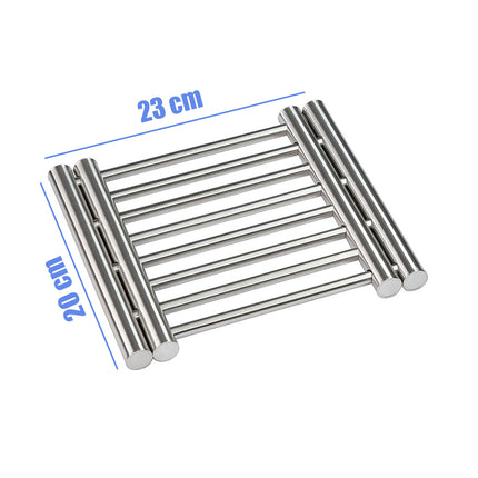 Adjustable metal trivet multi-purpose holder for kitchen table mats, retractable pads, hot pad and pot holder (steel silver) 