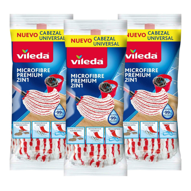 Vileda Pack de 3 Fregonas Microfibras Premium 2 en 1 Recambio para fregona, cabezal universal con microfibras y poliamida, color rojo y blanco