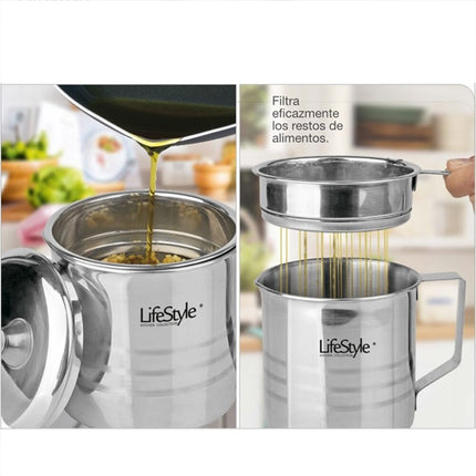 Grasera metálica de 10 cm de diámetro y 14,6 cm de altura, con filtro, asa y tapa Aceitera con colador para conservación de aceite de acero inoxidable. Recipiente para colar aceites Herramienta Ideal Para su Cocina