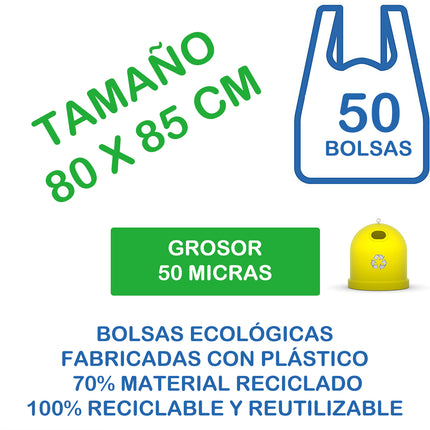 50/90/120 Bolsas Ecológicas Asa tipo Camiseta 70% Material Recicladas y 100% Reciclables