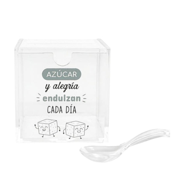 Azucarero acrílico transparente con cuchara incluida, diseño frase “Azúcar y alegría endulzan cada día”, tapa práctica para mesa de café, cocina y oficina 8X8X8 cm