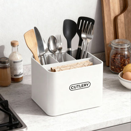 Organizador de Cubiertos y Servilletas de Metal, Porta Cubiertos de Cocina con Compartimentos, Organizador de Encimera, 18 x 15,7 x 13,5 cm